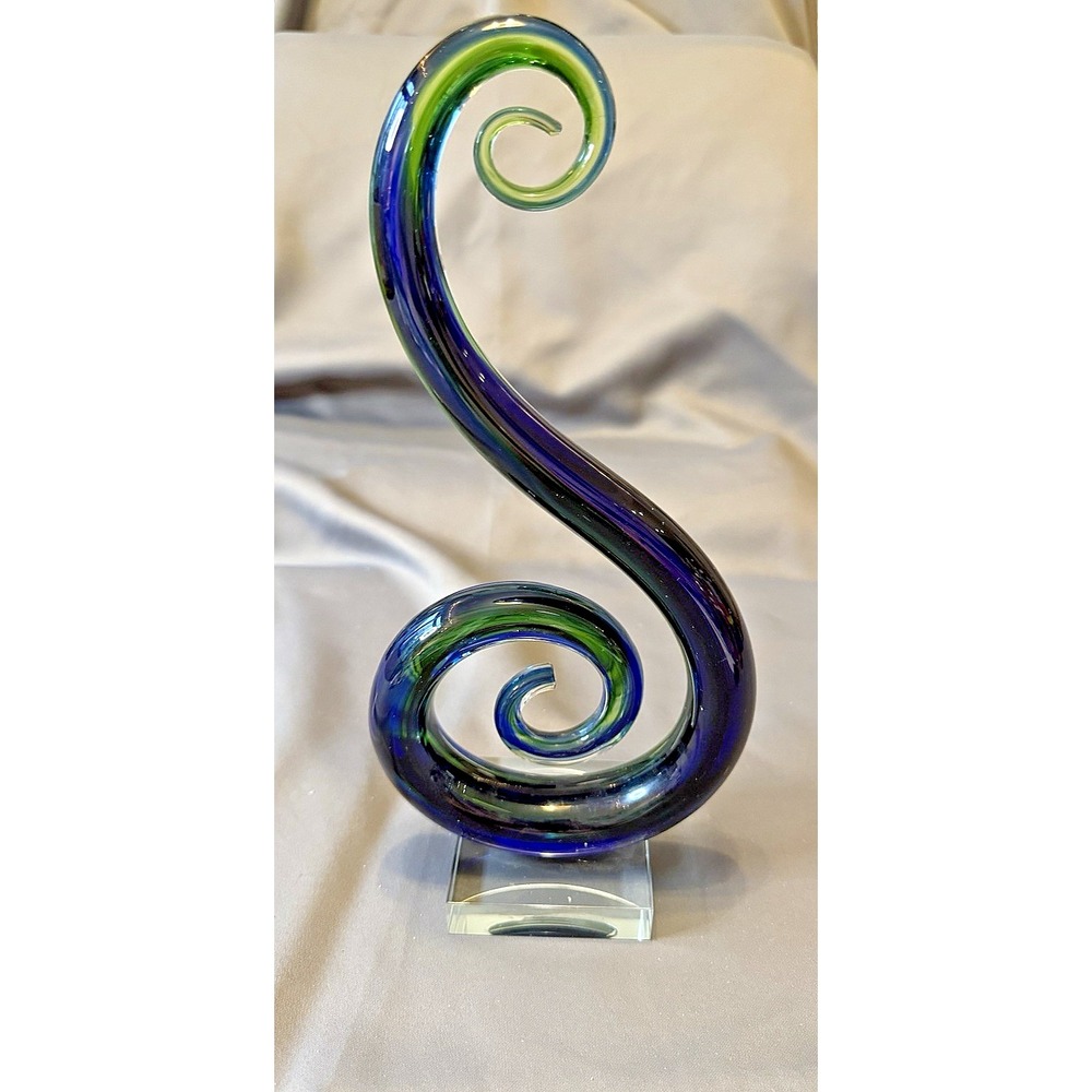 Murano‎ Glass Art Blue Green Swirl Blown Glass Sculpture 13" Modern Decoration